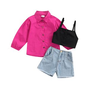 Комплекты одежды детские детские девочки шорты набор лацка пуговица с длинными рукавами рубашка с камизолом с высокой талией с закрытыми бриджами костюм 1 6y 221118