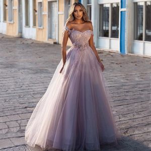 Sparkly Sequined Prom Dresses Appliqued Evening Gowns A Line Off The Shoulder Neck Floor Length Tulle Special Occasion Formal Wear