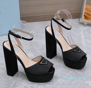 Fashion Satin Sandals Designer Triangular buckle decoration chunky heels womens shoes Top 13cm high heeled Leather sole Platform heel ROMAN Sandal 35-42