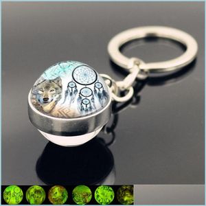 Nyckelringar Glass Ball Indianer Dream Catcher Wolf Key Ring Glow in the Dark Luminous Keyring Keychain Holders Fashion Jewelry Drop Deli DHZ8F