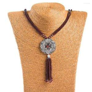 Pendant Necklaces Genuine Natural Red Garnet Crystal Round Beads Women Nice Flower Shape Sweater Necklace 70cm