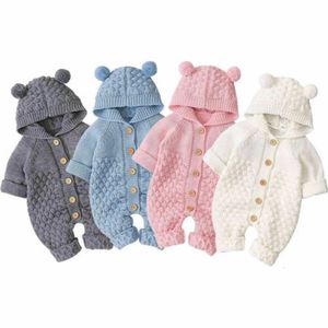 Rompers Autumn Baby Girls Knittade huva kläder Bomullsfjäder Spädbarn barn 3D Ear Romper långärmad bodysuits Sunsuits Outfits 0-24m 221117