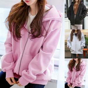 Damenjacken Herbst Winter Frauen Kapuzen-Fleece-Sweatshirt Langarm-Hoodies Lose lässige Reißverschlusstaschen Solide Jacke Mantel Damen-Sweatshirt T221105