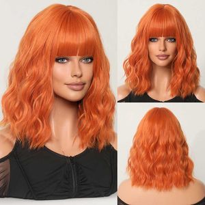 Orange Ginger Color Wig Short Wavy Bob Pixie Cut Full Machine Made No Lace Human Hair Wigs With Bang för Black Women Brasilian S0826