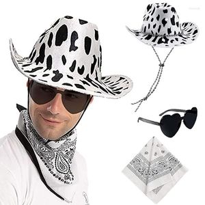 Basker 3st/set retro western stil kvinnor män cowboy hatt kreativt ko tryck mössa hjärtglasögon fyrkantig halsduk halloween fest cosplay prop