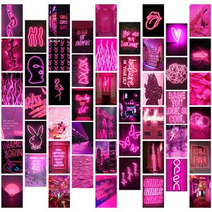 Kids' Toy Stickers 50Pcs Pink Neon Aesthetic Wall Collage Kit Room Bedroom Living Home Decoration Posters Warm Color Ornament Po Gift for Adult 221117