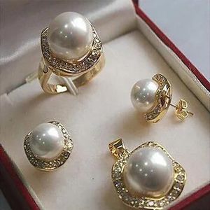 10mm 14mm White South Sea Shell Pearl Earrings Halsband Ring Set 6-10#