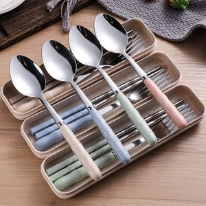 Wheat Straw Handle Stainless Steel Flatware Set Fork Spoon Chopsticks Reusable Lunch Tableware with Box for Picnic