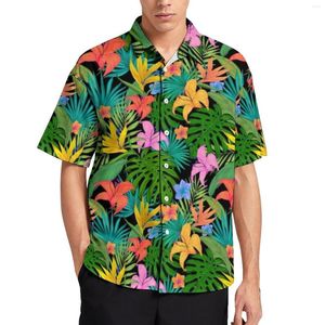 Camisas casuais masculinas coloridas flores brilhantes camisa de verão folhas de verão estampeiras estampas de manga curta elegantes de tamanho grande