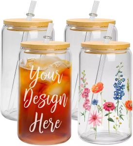 US Warehouse Sublimation Glass Tumbler Cans with Bamboo Lids and Straw 16OZ Blanks Iced Coffee Beer Cups Juice Soda Cocktail Mugs