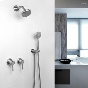 Badezimmer-Duschsets aus gebürstetem Edelstahl, Rianfall-Kopf-Hand-Badewannenarmatur, Wandmontage, 2 Funktionen, Kaltwassermischersystem