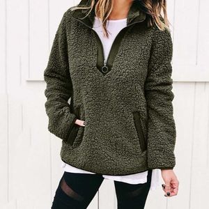 Women's Jackets 2021 New Women Fleece Sweatshirt Winter Harajuku Loose Pocket Hoodies Casual Faux Fur Zipper Collar Female Pullovers Thick Coat T221105