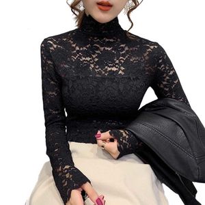 Koszulka damska jesień kobiety cienki czarna koronkowa koszulka seksowna golf długi rękaw szczupły szydełkowe patchwork Tops WDC6074 221117