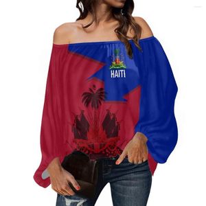 Kvinnors blusar Casual modestil Summer Ladies Shirt Retro Haiti Ornament Printing Off-the-Shoulder Chiffon L￥ng￤rmad topp