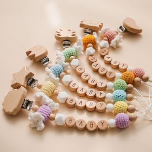 Soothers Teethers 1PC Baby Pacifier Chain Anpassa namn Klipp Trä Dummy Holder Crochet Candy Toething Toys 221117