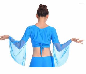 Scenkläder sexiga kvinnor Chiffon Lake Blue Belly Dance Tops Dancing Costume Dress On Sale Practice T -shirt för