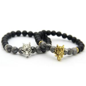 Очарование браслетов дизайн мужские украшения оптом продаются 8 -миллиметровые матовые агат -камень волк из бисера браслет браслеты с капля