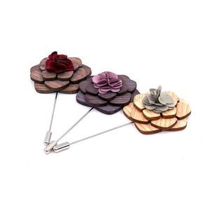 Pins Brooches Pins Brooches Elegant Men Women Cute Romantic Wooden Neck Lapel Pin Brooch Groom Wedding Party Wood Rose Flower Cor A Dhxlg