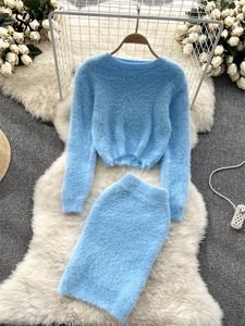Two Piece Dress SINGREINY Winter Women Warm Sweater Suits Short Knit TopHigh Waist Slim Skirt Sweet Streetwear Knitted Pieces Sets 221117