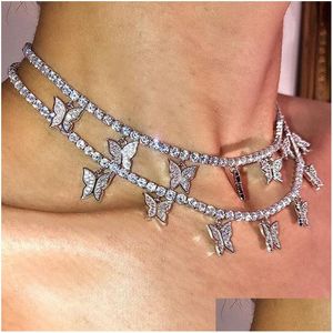 Naszyjniki wiszące luksusowe kobiety motyla naszyjniki złoto sier zwierzęcy wisiorek lodowany łańcuchy choker mody Bling Rhinestone kołnierz j dhvs9