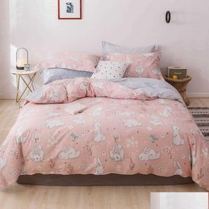 Bedding Sets White Bunny Rabbit Pink Duvet ER Conjunto de algod￣o Ledlinens Twin Queen King Flat Flat Bedding