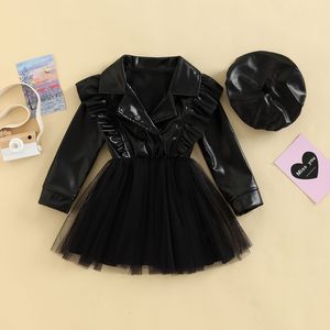 Girls Dresses 37Y Children Fashion with Beret Hat Baby Autumn Clothing Kids Long Sleeve Lapel PU Leather Patchwork Tulle 221117