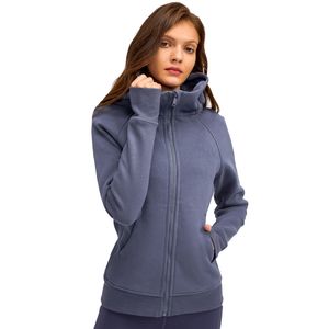 L-028 Cotton Blend Fleece Hoodies Yoga Tops Full Zip Hoodie Hip Length Classic Fit Sweatshirts Women Jacket Sports Hooded Top Gym Coat