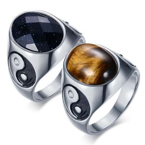 Fashion Punk stainless steel ring Starry Sky Tigernos Eye silver gold Chinoiserie eight diagrams men's rings jewelry