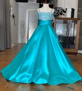 Jade Little Girl Pageant Dress 2023 Crystals Pearls Satin A-Line Children Kids Birthday Formal Party Wear Gowns Infant Toddler Teens Preteens Tiny Young Junior Miss