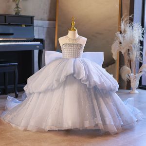 Cute Flower Girls Dresses For Wedding Lace Sleeveless Beaded Crystal Necklace Chapel Train Tulle Party Birthday Dress Child Pageant Gowns 403