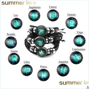 Other Bracelets 12 Constellations Mtilayer Bracelets Glow In The Dark Diy Handmade Woven Pu Leather Glass Buckle Zodiac Braided Bead Dhdwd