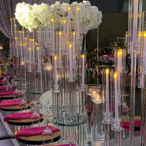 Wholesale 10 arms long stemmed modern clear acrylic tube hurricane crystal candle holders wedding table centerpieces candelabra FY3802 ss1119