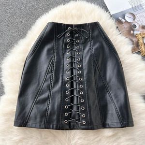 Skirts Pu Sexy&club High Waist Lace-up Jupe A-line Mujer Faldas Mini Leather Bust Skirt Black Casual Women Clothes Drop