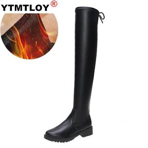 Boots Woman Botas Feminina Leather Plush Heel Slim Sexy Over The Knee High Pu Women Snow Women's Fashion Winter Lårskor 221119