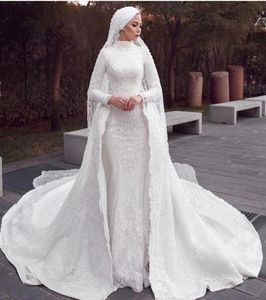 Vestidos de noiva modestos de sereia muçulmana com apliques de renda de trem destacável averskirt vestidos de noiva hijab court TRON