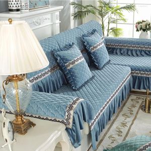 Chair Covers 1pcs Solid Velvet Sofa Cushion Blue Hemline L Shape Style Recliner Non-slip Seat Cover Sheet For Living Room