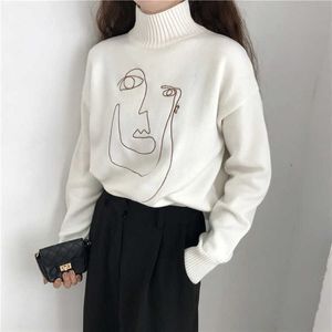 Women's Sweaters Geometric Face Winter Turtleneck Women Pullover Sweater Long Sleeve Loose Female Knitting Jumper Sweater Slim Ladies Sweater T221019