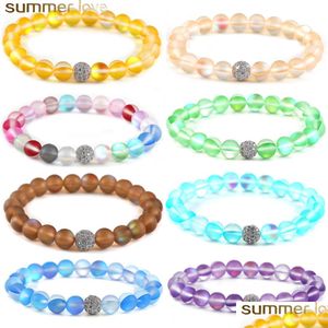 Bärade Colorf Natural Flash Stone Pärlade armband för kvinnor män dl polska frostad månsten cz mikro asfalterade pärlor charm elastisk drop dhen2