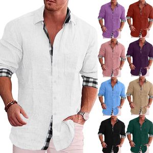 Camisas casuais masculinas de linho de linho sólido de cor de algodão longa Cardigan Cardigan Autumn Blouse masculino marca de retalhos diária Trabalho diário