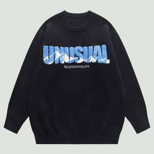 Herrtröjor överdimensionerade o-hals stickad tröja mens japanska brev broderi jumper höst hiphop hajujuku casual lös pullover unisex 221118