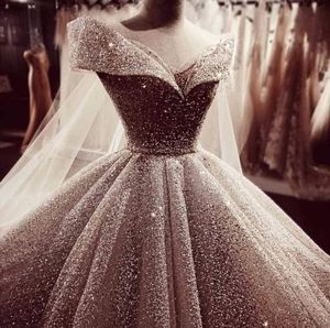 Luxury Sequined Glitter Ball Gown Wedding Dresses For Bride Sexy Off the Shoulder Dubai Arabic Princess Bridal Clowns Vintage Plus 236o