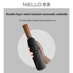 Niello 3 volte doppio ombrello automatico manico in legno massello regalo pieghevole antivento soleggiato pioggia doppio uso J220722