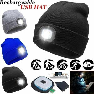 Beanie/Skull Caps Unisex LED Sticked Beanie med huvudlampan Ljus USB -uppladdningsbar högdriven mode stickade män kvinnor hiphop vinter varm hatt 221119