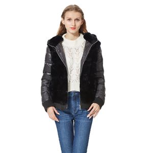 Women's Fur Faux Real Rex Rabbit Coat With Hood Down Jacket Sleeves Bomber Hooded Women 221119