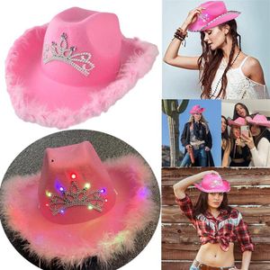 Wide Brim Hats Western Style Women Girl Light-Up Blinking Crown Pink Tiara Cowgirl Hat Cowboy Cap Costume Party With Neck Drawstring Fe251H