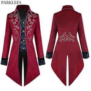 Men's Suits Blazers Mens Vintage Red Steampunk Gothic Jacket Victorian Tailcoat Halloween Uniform Costume Stage Cosplay Prom Trench Coat 221118