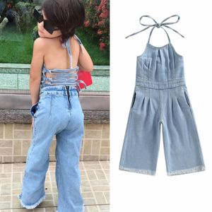 바지 1 6y Kids Girls Denim Jumpsuits 베이비 여름 의류 소매 소매 소매 소음 honter backless 붕대 장미 롬퍼 점프 슈트 어린이 221118