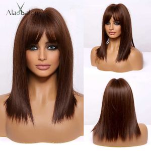 Syntetiska peruker Alan Eaton Short Honey Brown Syntetisk Bob Wig With Bangs Natural Straight Auburn Wigs For Woman Cosplay Daily Heat Resistant T221103