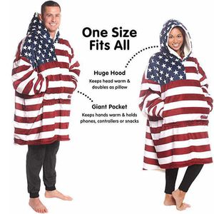 Andra Apparel American Flag Hooded Filt Man Women Gift Winter Sherpa Sweatshirt med ärmar SOFA TV NAP Filt Wearable Pullover T221018