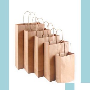 Gift Wrap Gift Wrap Kraft Paper Bag With Handles Wood Color Packing Bags For Store Clothes Wedding Christmas Party Supplies Handbags Dhnaf